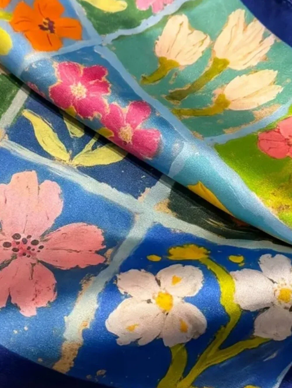 Silk-feel Floral Patchwork Silk Scarf in Blue